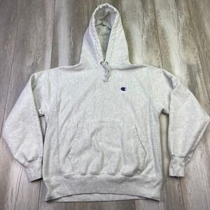 Champion Reverse Weave Hoodie Mens Medium Gray Logo Pullover Sweatshirt Men *